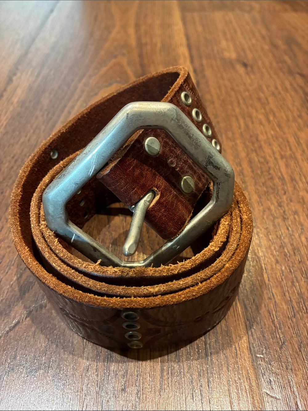 Women's Brown Leather Studded Belt with Geometric Metal Buckle